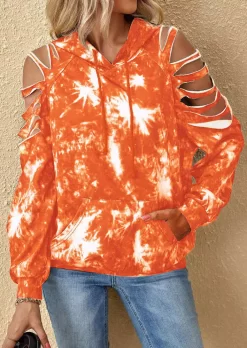 Tie Dye Cut Out Kangaroo Pocket Cold Shoulder Hoodie
