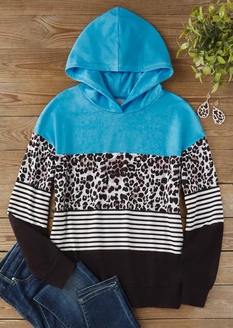 Leopard Striped Color Block Hoodie - Blue 4 Leopard Striped Color Block Hoodie - Blue - Image 2