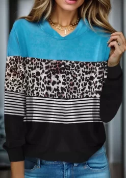 Leopard Striped Color Block Hoodie - Blue