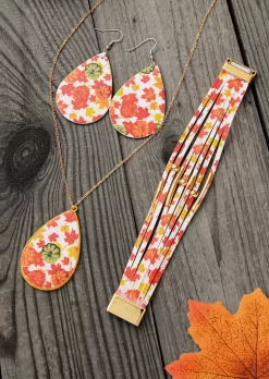 3Pcs Maple Leaf Pumpkin Bracelet Necklace And Earrings Jewelry Set