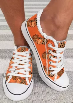 Leopard Plaid Dot Pumpkin Frayed Lace Up Flat Sneakers - Orange