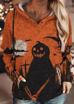 Halloween Pumpkin Face Pocket Button Hoodie - Orange