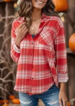 Plaid Pocket Button Turn-Down Collar Shirt