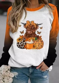Leopard Pumpkin Drink Sunflower Butterfly Highland Cattle Gradient Sweatshirt - White