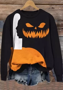 Halloween Pumpkin Face Color Block Sweatshirt - Black
