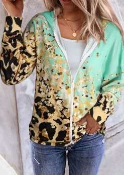 Leopard Kangaroo Pocket Zipper Hoodie - Green