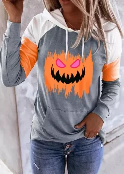 Halloween Pumpkin Face Color Block Drawstring Kangaroo Pocket Hoodie