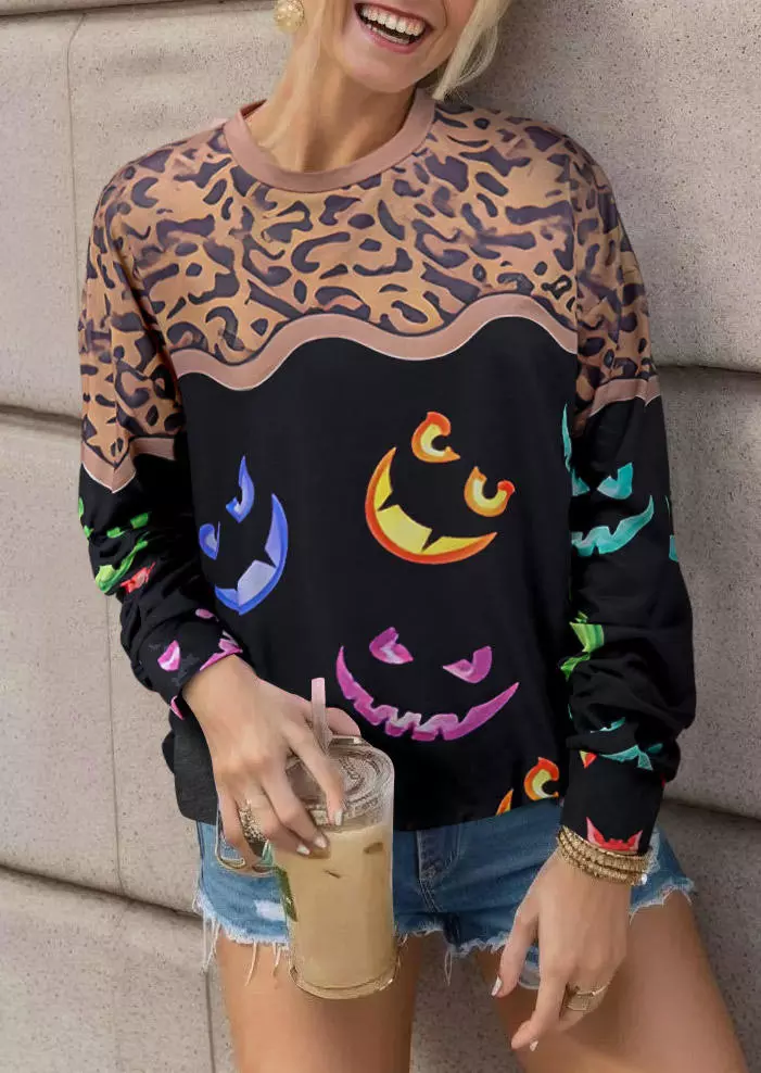 Halloween Leopard Colorful Pumpkin Face Sweatshirt 4 Halloween Leopard Colorful Pumpkin Face Sweatshirt - Image 2