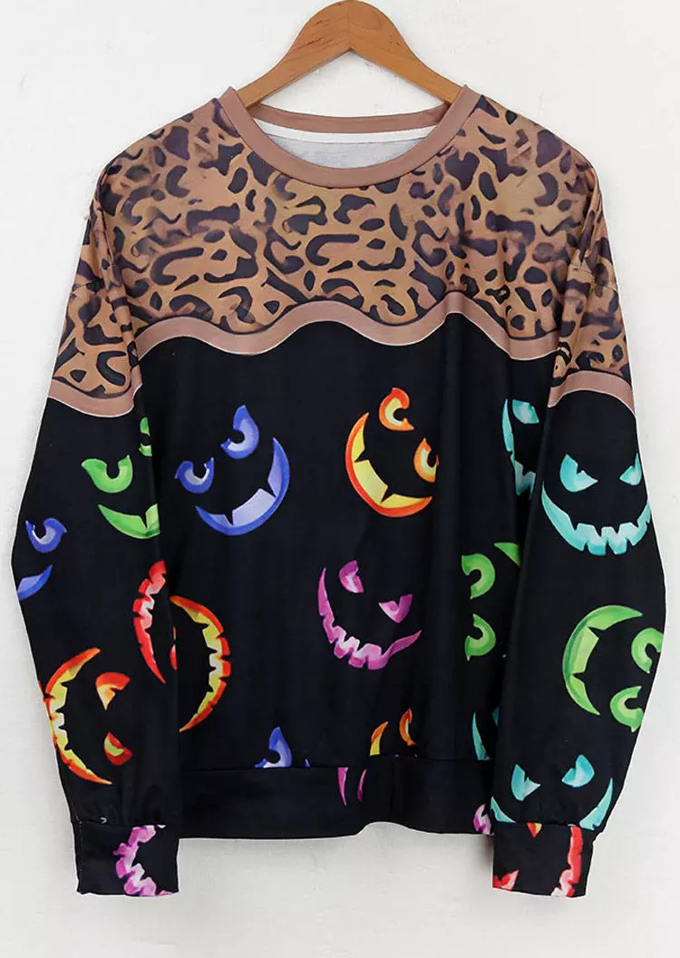 Halloween Leopard Colorful Pumpkin Face Sweatshirt 3 Halloween Leopard Colorful Pumpkin Face Sweatshirt