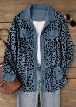 Leopard Button Fake Pocket Turn-Down Collar Coat - Blue -Garment Sale Store SCM020094 1 82392579158347 124