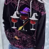 Halloween Witch Hat Wine Glass Kangaroo Pocket Hoodie - Black 1 Halloween Witch Hat Wine Glass Kangaroo Pocket Hoodie - Black -Garment Sale Store SCM020139 3 91168163751937 124