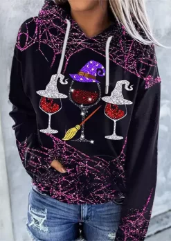 Halloween Witch Hat Wine Glass Kangaroo Pocket Hoodie - Black
