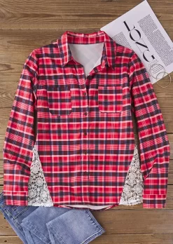 Plaid Lace Splicing Long Sleeve Shirt 10 Plaid Lace Splicing Long Sleeve Shirt -Garment Sale Store SCM020176 1 91542300619001 124