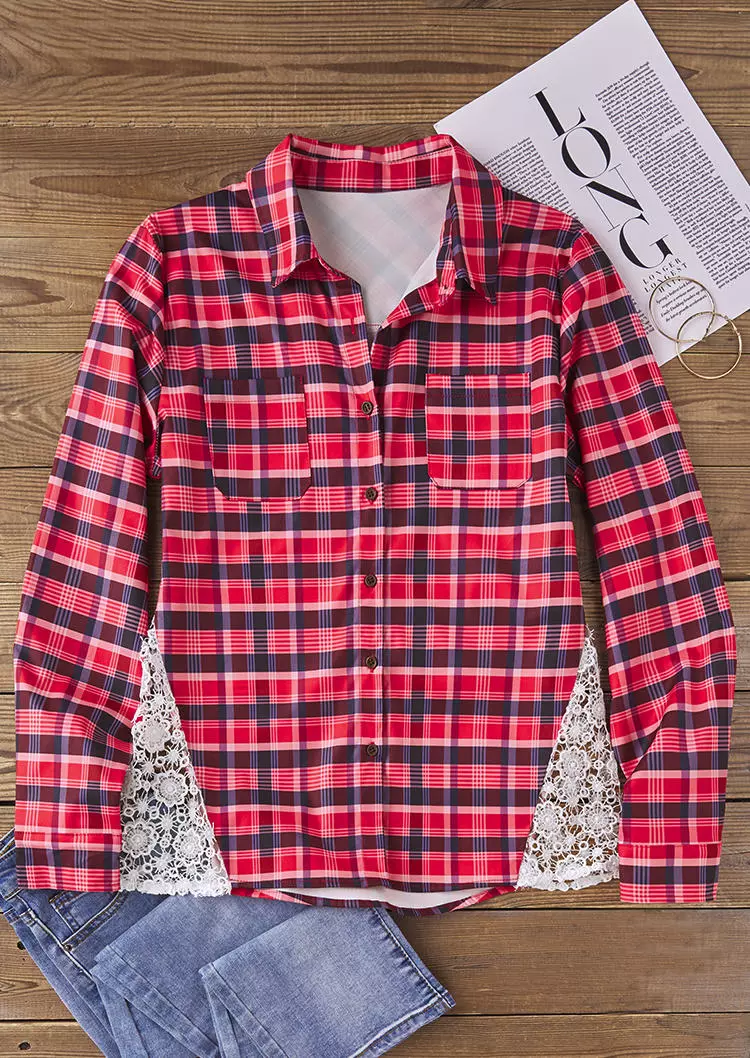 Plaid Lace Splicing Long Sleeve Shirt 5 Plaid Lace Splicing Long Sleeve Shirt - Image 3
