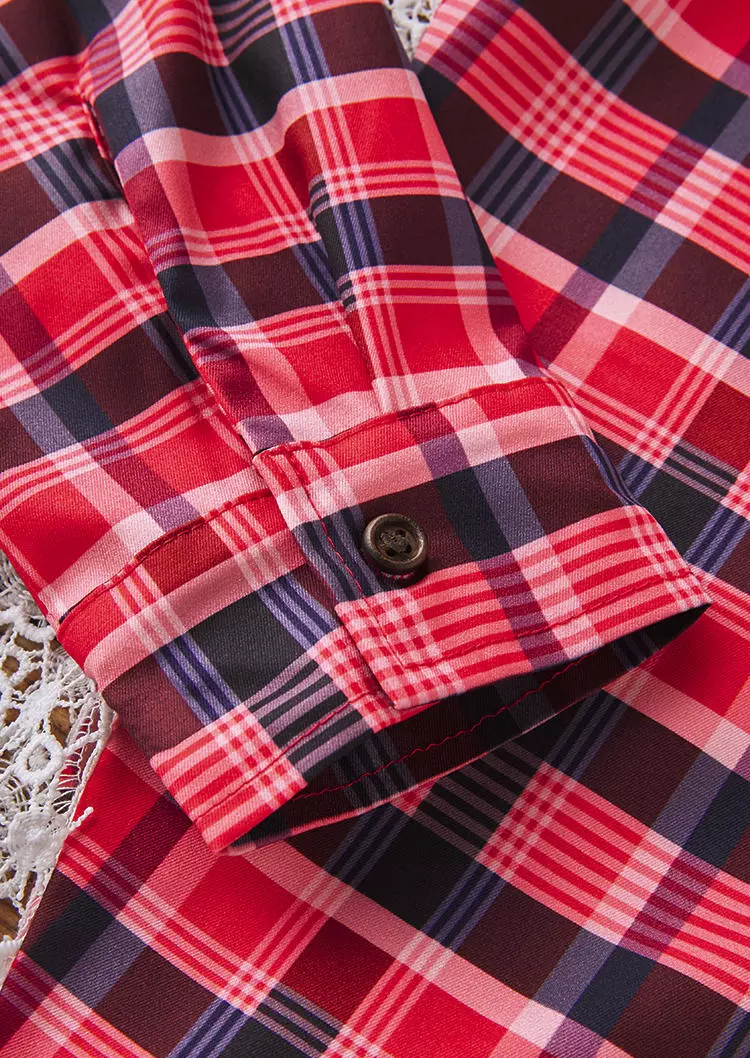 Plaid Lace Splicing Long Sleeve Shirt 6 Plaid Lace Splicing Long Sleeve Shirt - Image 4