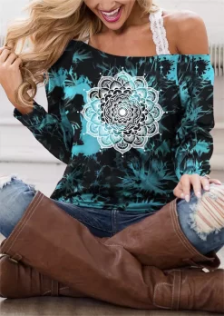 Tie Dye Floral Cold Shoulder Sweatshirt Without Lace Camisole
