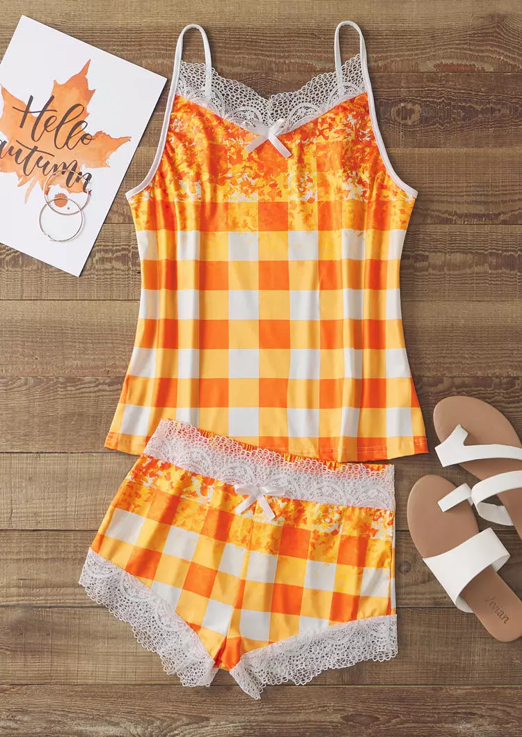 Plaid Gradient Glitter Lace Camisole And Shorts Pajamas Set 4 Plaid Gradient Glitter Lace Camisole And Shorts Pajamas Set - Image 2