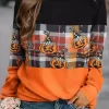 Halloween Plaid Color Block Pumpkin Face Waffle Sweatshirt