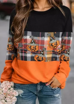 Halloween Plaid Color Block Pumpkin Face Waffle Sweatshirt