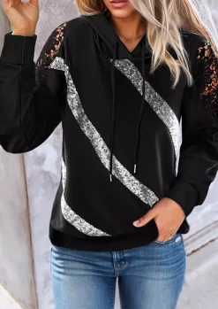 Lace Splicing Sequined Drawstring Hoodie - Black