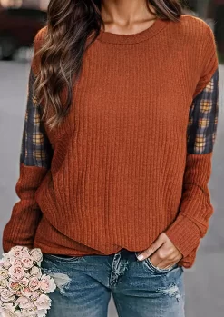 Plaid Ribbed O-Neck Sweatshirt - Brown