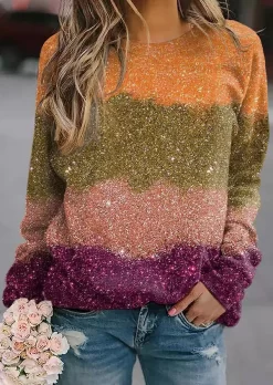 Color Block Glitter O-Neck Sweatshirt