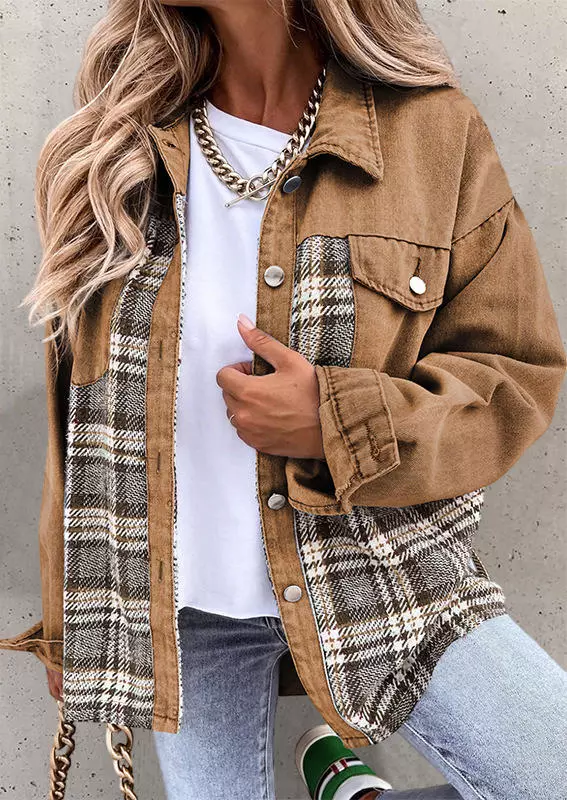 Plaid Button Pocket Turn-Down Collar Coat - Khaki 3 Plaid Button Pocket Turn-Down Collar Coat - Khaki