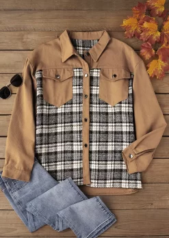 Plaid Button Pocket Turn-Down Collar Coat - Khaki 13 Plaid Button Pocket Turn-Down Collar Coat - Khaki -Garment Sale Store SCM020469 3 A1212801881801 124