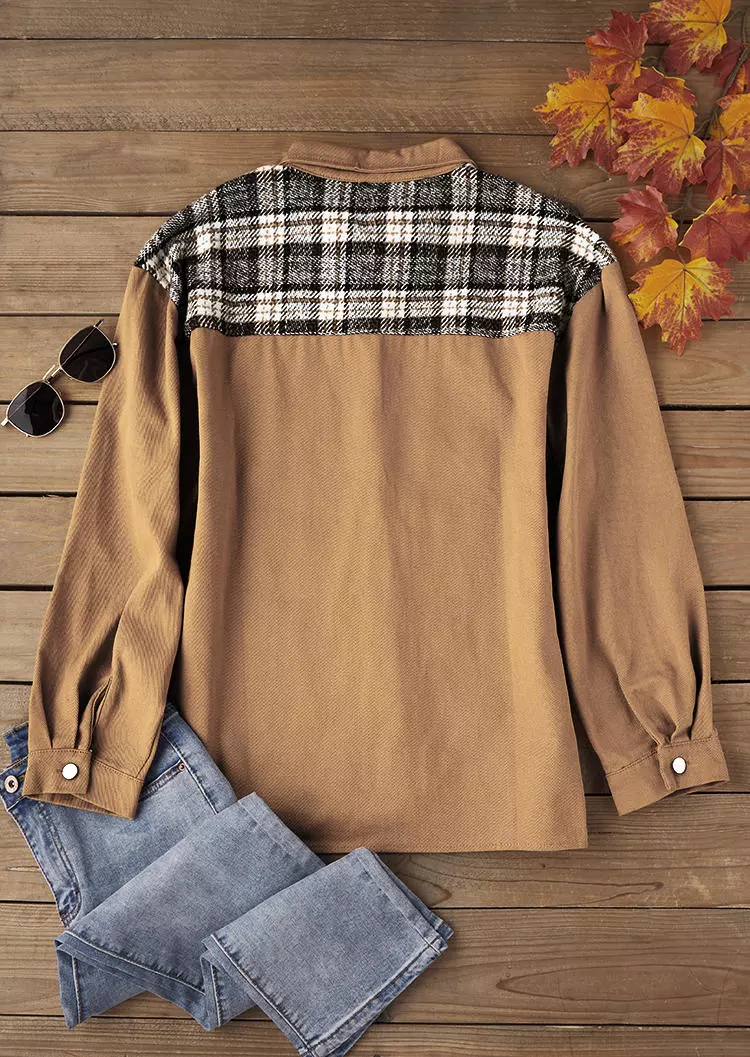 Plaid Button Pocket Turn-Down Collar Coat - Khaki 7 Plaid Button Pocket Turn-Down Collar Coat - Khaki - Image 5