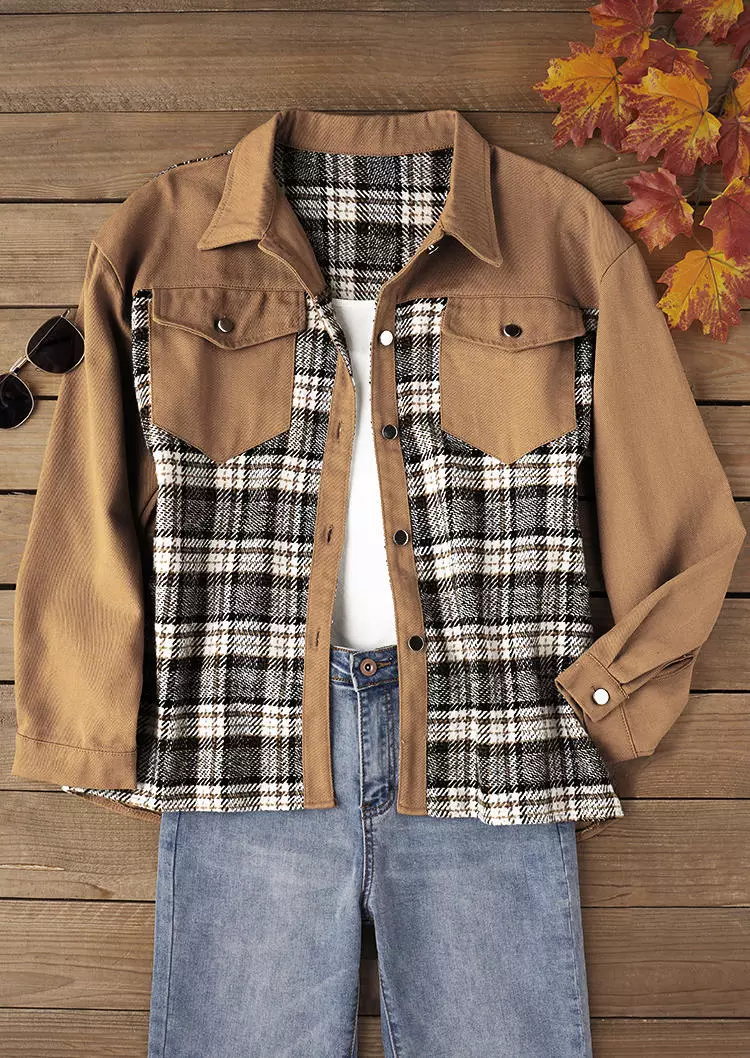 Plaid Button Pocket Turn-Down Collar Coat - Khaki 8 Plaid Button Pocket Turn-Down Collar Coat - Khaki - Image 6