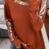 Sequined Waffle O-Neck Sweatshirt - Brown