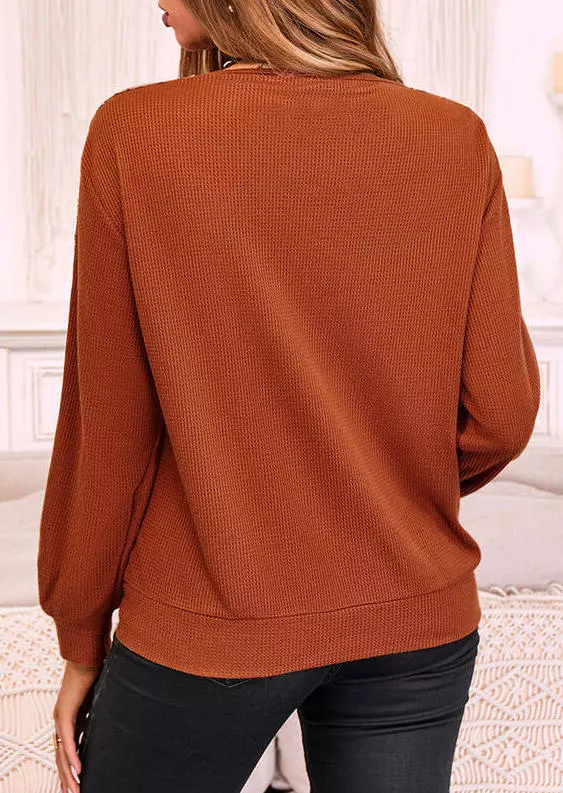 Sequined Waffle O-Neck Sweatshirt - Brown 5 Sequined Waffle O-Neck Sweatshirt - Brown - Image 3