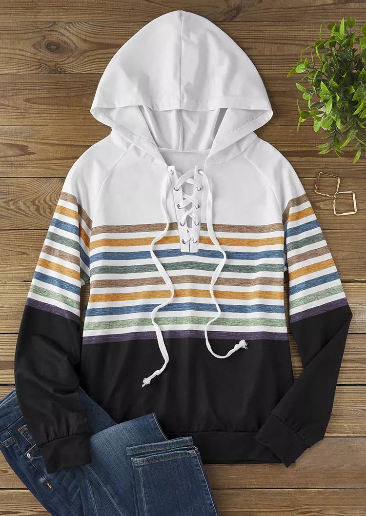 Striped Color Block Lace Up Hoodie 4 Striped Color Block Lace Up Hoodie - Image 2