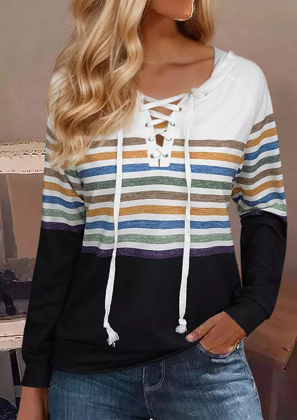 Striped Color Block Lace Up Hoodie 3 Striped Color Block Lace Up Hoodie