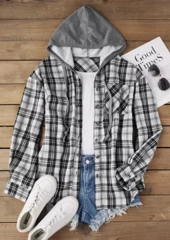 Plaid Button Drawstring Hoodie Shirt -Garment Sale Store SCM020528 1 90644277399576 124