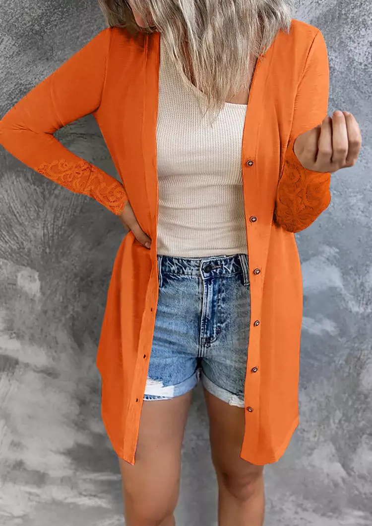 Crochet Button Lace Sleeve Cardigan - Orange 4 Crochet Button Lace Sleeve Cardigan - Orange - Image 2