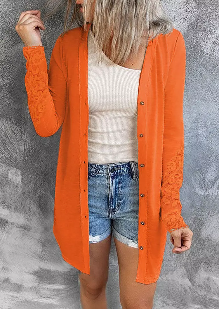 Crochet Button Lace Sleeve Cardigan - Orange 3 Crochet Button Lace Sleeve Cardigan - Orange