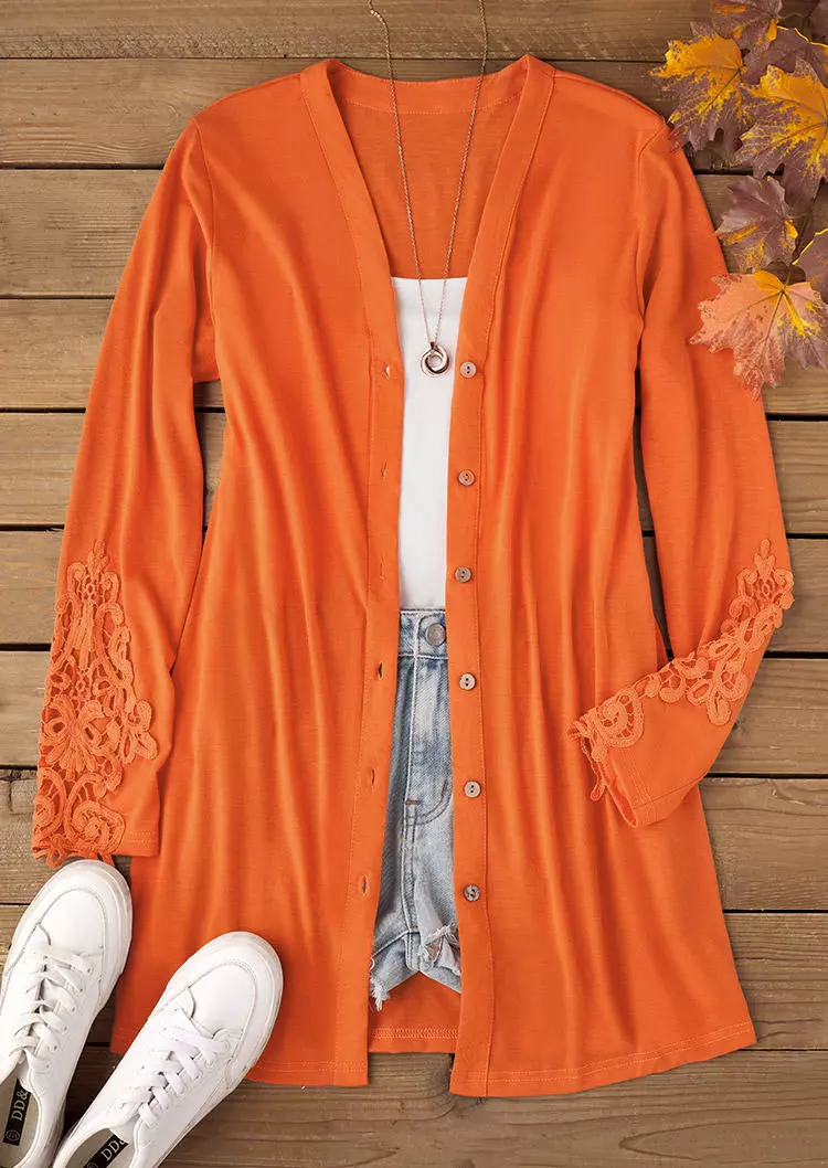 Crochet Button Lace Sleeve Cardigan - Orange 6 Crochet Button Lace Sleeve Cardigan - Orange - Image 4