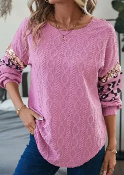 Leopard Jacquard O-Neck Sweatshirt - Pink