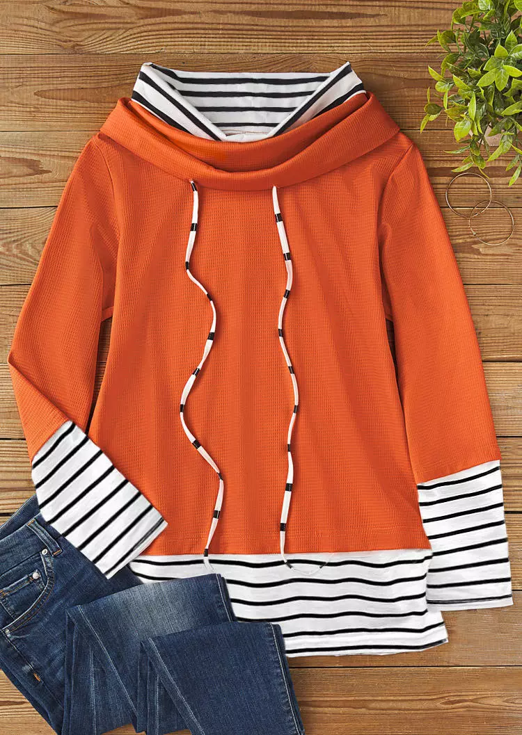 Striped Drawstring Waffle Fake Two-Piece Sweatshirt - Orange 4 Striped Drawstring Waffle Fake Two-Piece Sweatshirt - Orange - Image 2