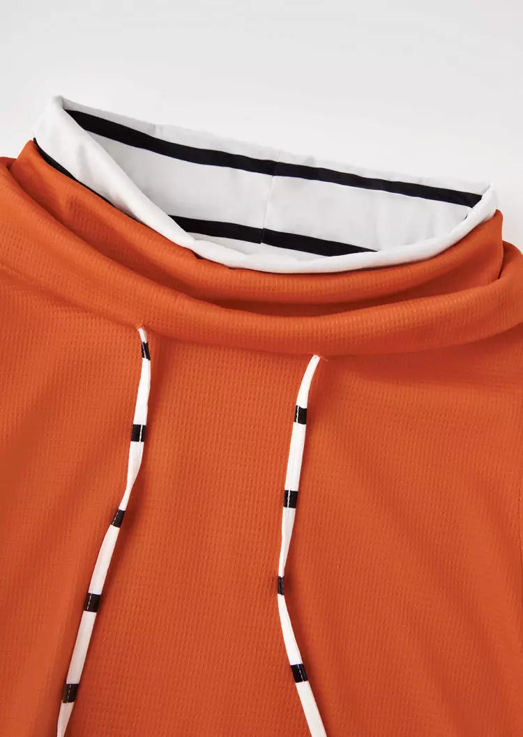 Striped Drawstring Waffle Fake Two-Piece Sweatshirt - Orange 5 Striped Drawstring Waffle Fake Two-Piece Sweatshirt - Orange - Image 3