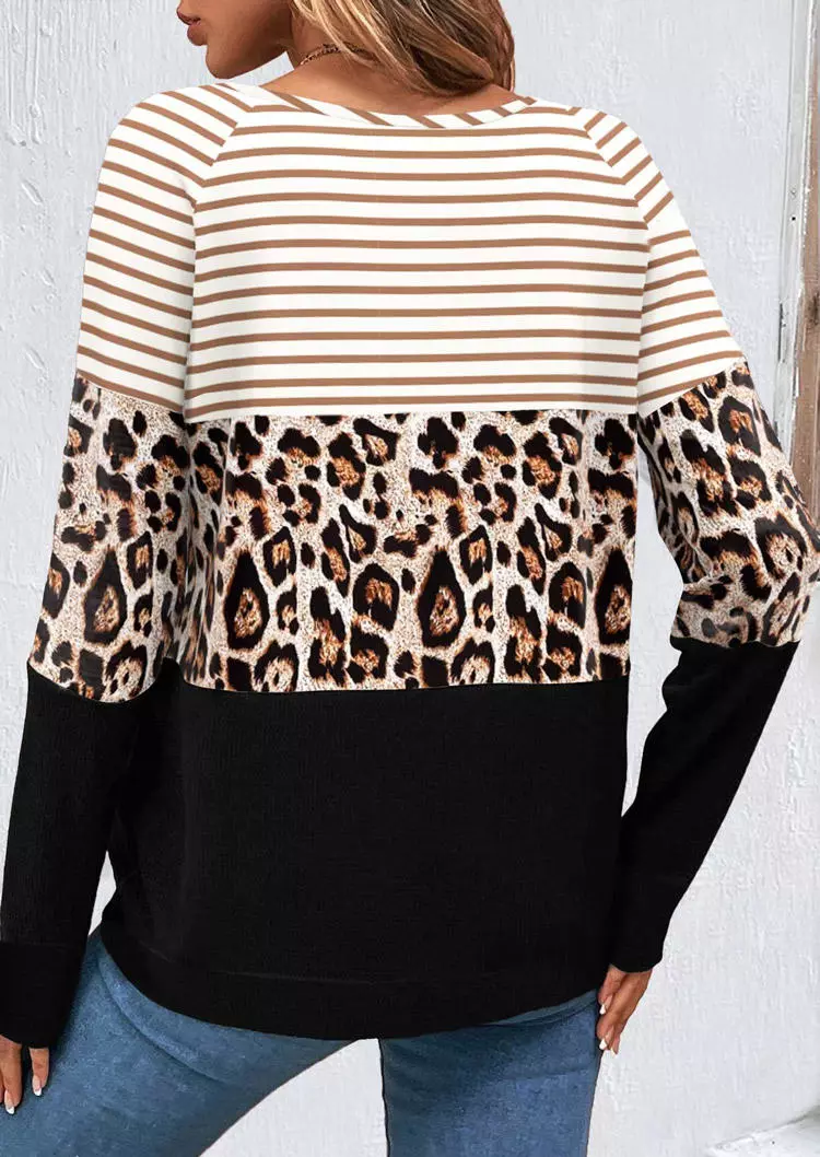 Striped Leopard Color Block Button Sweatshirt 4 Striped Leopard Color Block Button Sweatshirt - Image 2