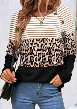 Striped Leopard Color Block Button Sweatshirt