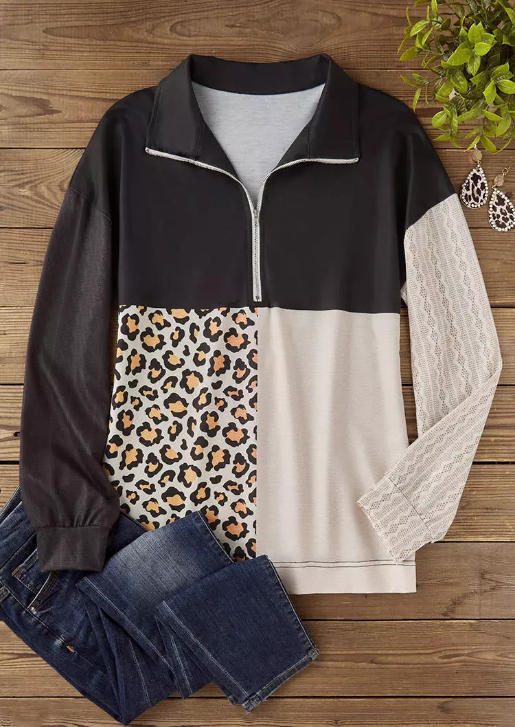 Leopard Color Block Zipper Collar Sweatshirt 5 Leopard Color Block Zipper Collar Sweatshirt - Image 3