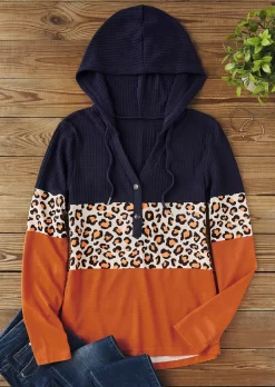Leopard Color-Blocked Button Waffle Hoodie 9 Leopard Color-Blocked Button Waffle Hoodie -Garment Sale Store SCM020632 1 A1669101853312 124