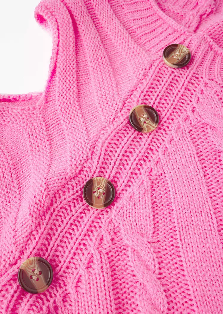 Button Cold Shoulder Knitted Sweater - Pink 9 Button Cold Shoulder Knitted Sweater - Pink - Image 7