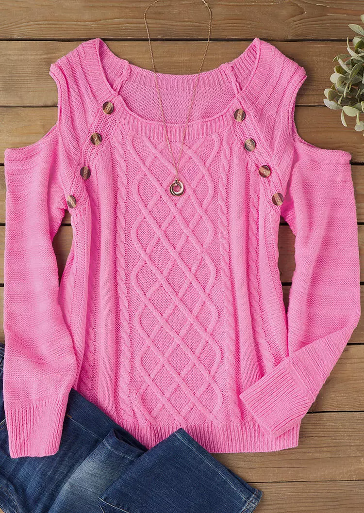 Button Cold Shoulder Knitted Sweater - Pink 4 Button Cold Shoulder Knitted Sweater - Pink - Image 2