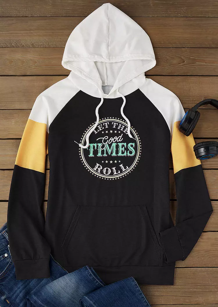 Color-Blocked Letter Graphic Kangaroo Pocket Hoodie - Black 4 Color-Blocked Letter Graphic Kangaroo Pocket Hoodie - Black - Image 2