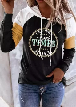 Color-Blocked Letter Graphic Kangaroo Pocket Hoodie - Black