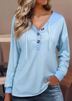 Vertical Striped Button Drawstring Hoodie